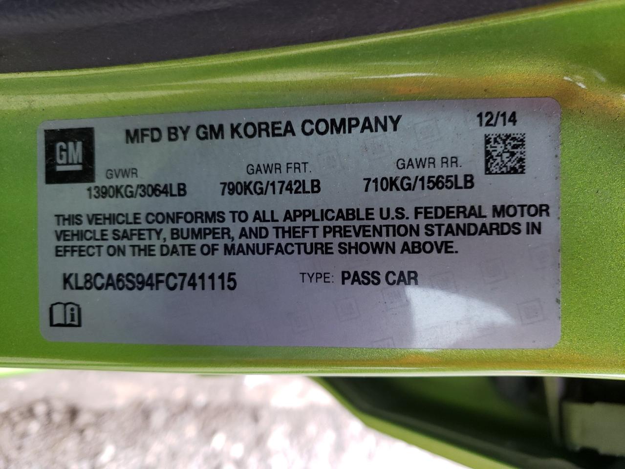 Photo 10 from auction – 2015 CHEVROLET SPARK LS with VIN KL8CA6S94FC741115