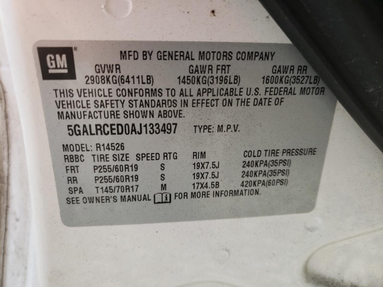 Photo 10 from auction – 2010 BUICK ENCLAVE CX with VIN 5GALRCED0AJ133497