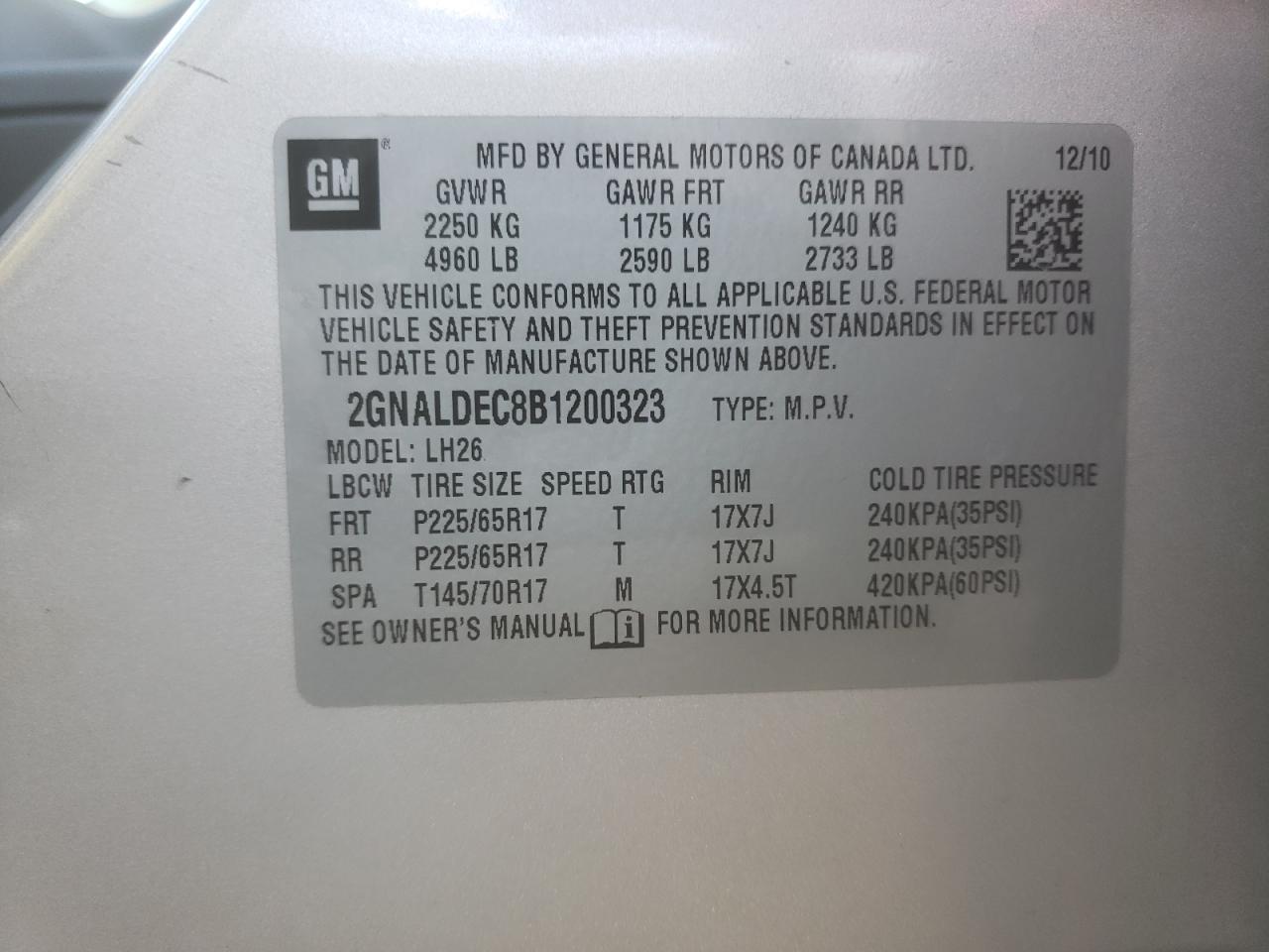 Photo 10 from auction – 2011 CHEVROLET EQUINOX LT with VIN 2GNALDEC8B1200323