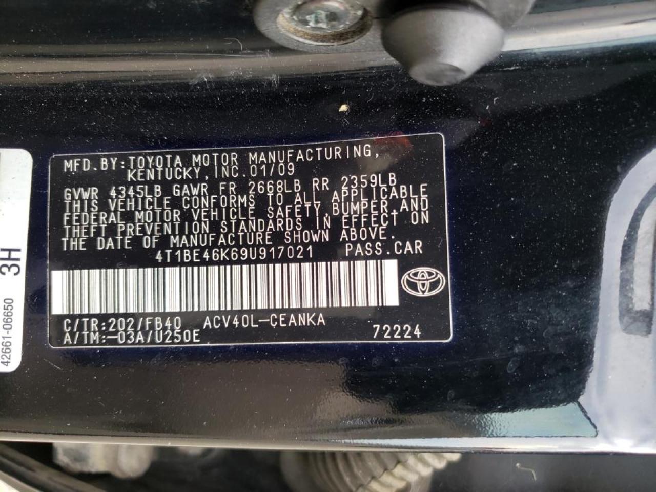 Photo 10 from auction – 2009 TOYOTA CAMRY BASE with VIN 4T1BE46K69U917021
