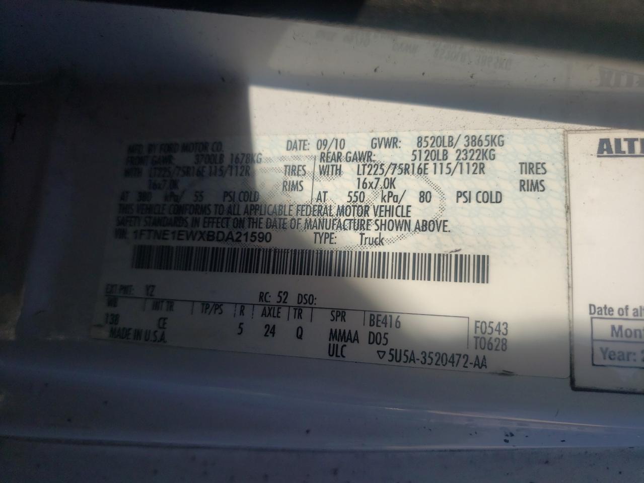 Photo 10 from auction – 2011 FORD ECONOLINE with VIN 1FTNE1EWXBDA21590