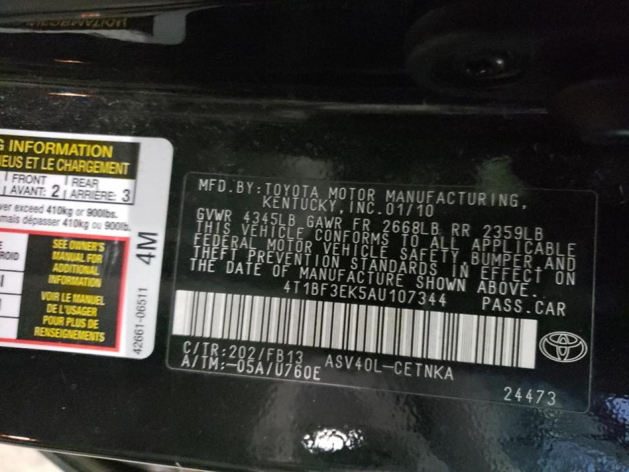 Photo 10 from auction – 2010 TOYOTA CAMRY BASE with VIN 4T1BF3EK5AU107344