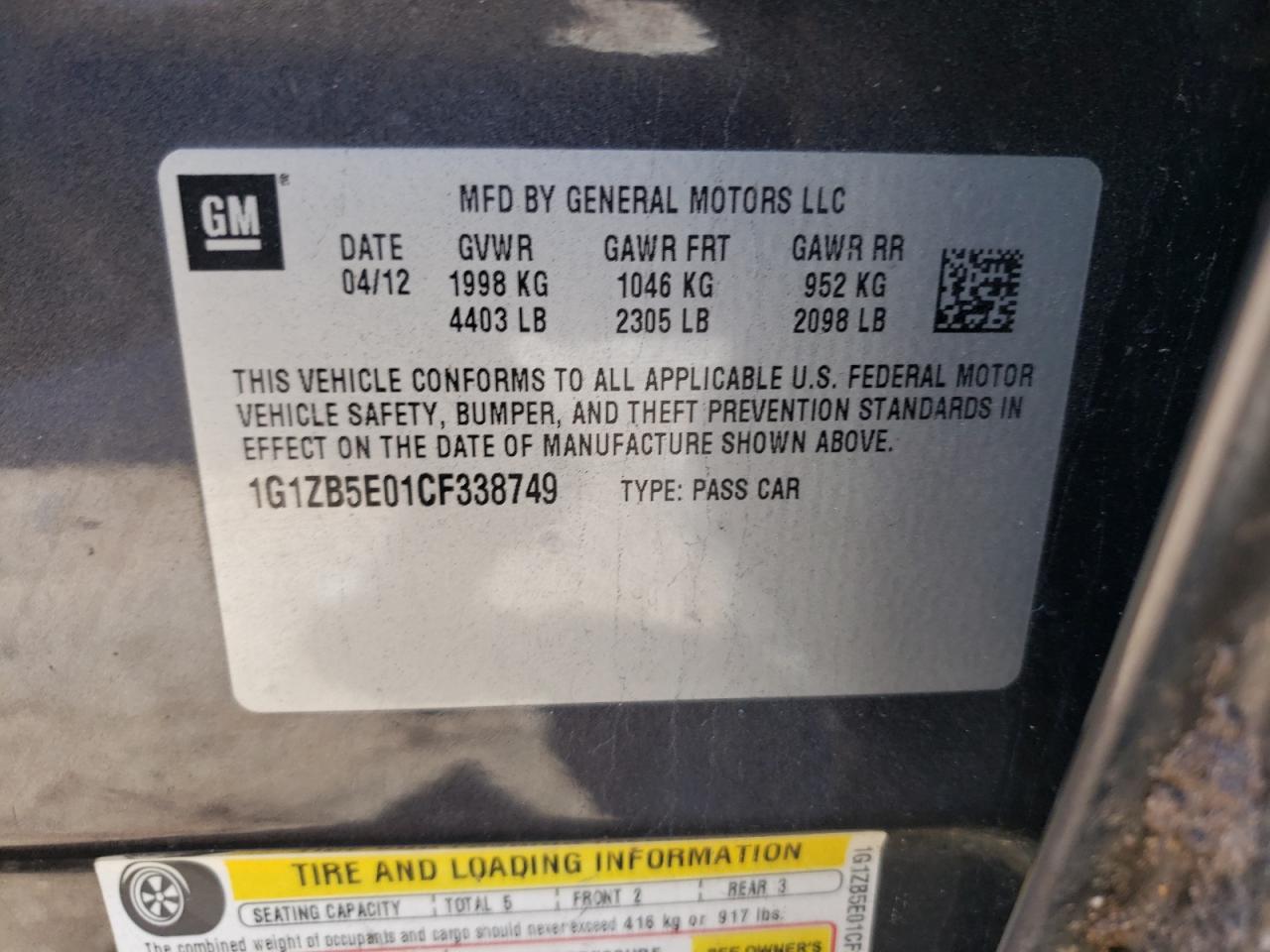 Photo 10 from auction – 2012 CHEVROLET MALIBU LS with VIN 1G1ZB5E01CF338749