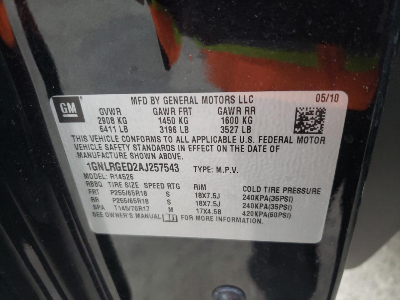 Photo 10 from auction – 2010 CHEVROLET TRAVERSE with VIN 1GNLRGED2AJ257543