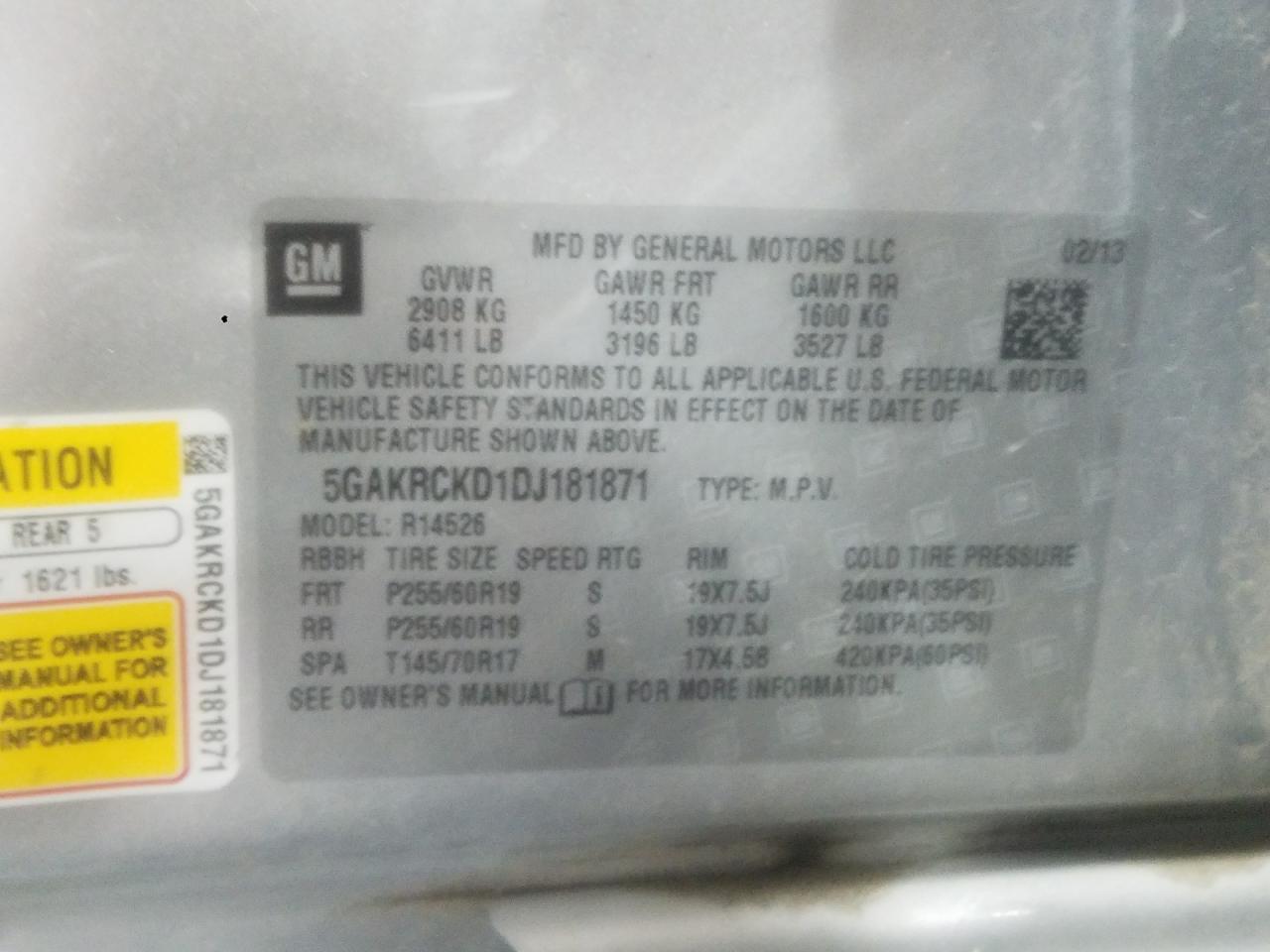 Photo 10 from auction – 2013 BUICK ENCLAVE with VIN 5GAKRCKD1DJ181871