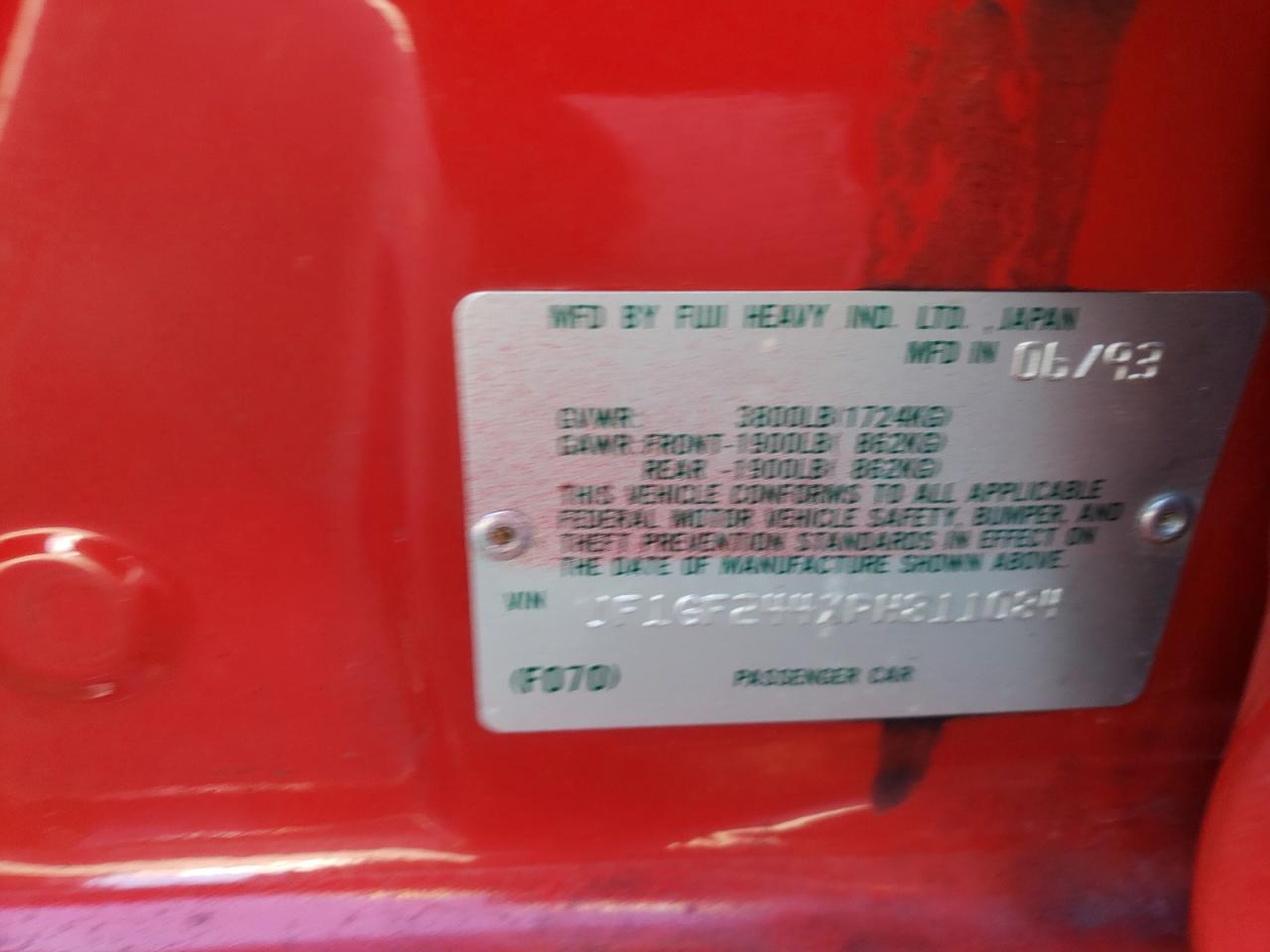 Photo 10 from auction – 1993 SUBARU IMPREZA with VIN JF1GF244XPH811084
