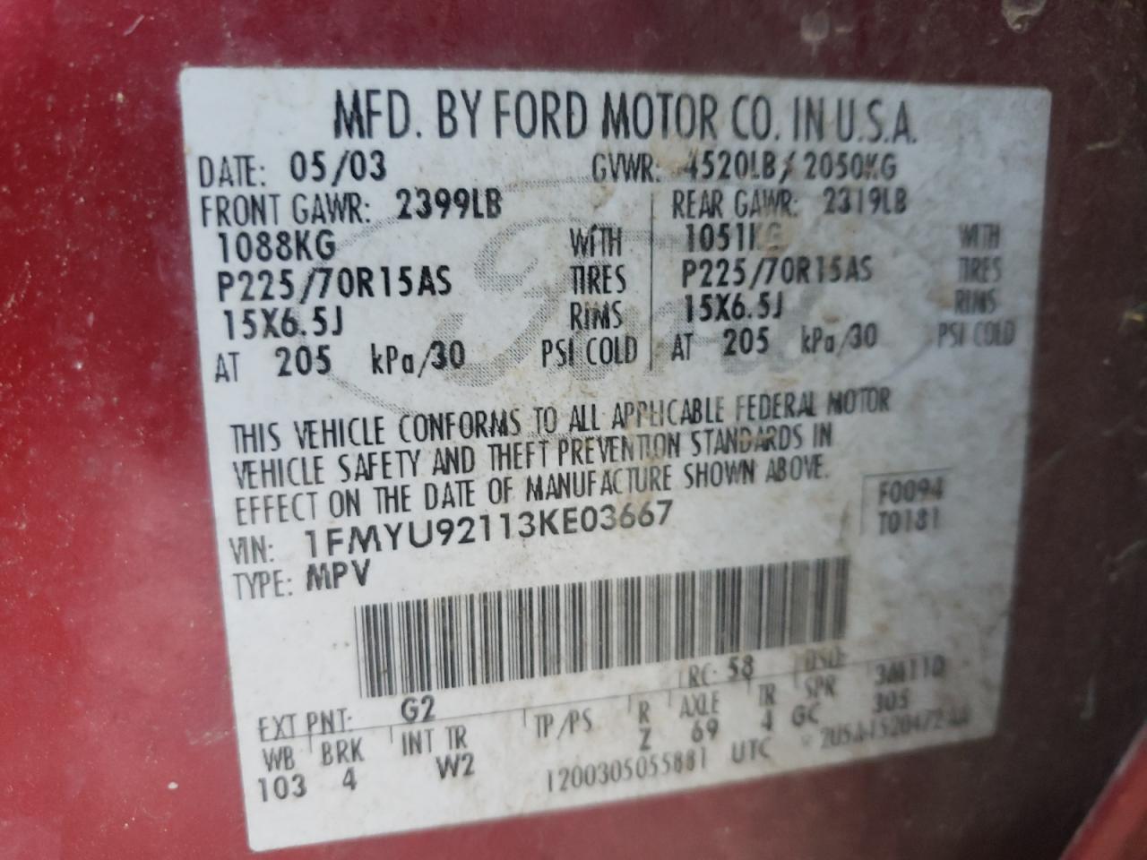 Photo 10 from auction – 2003 FORD ESCAPE XLS with VIN 1FMYU92113KE03667