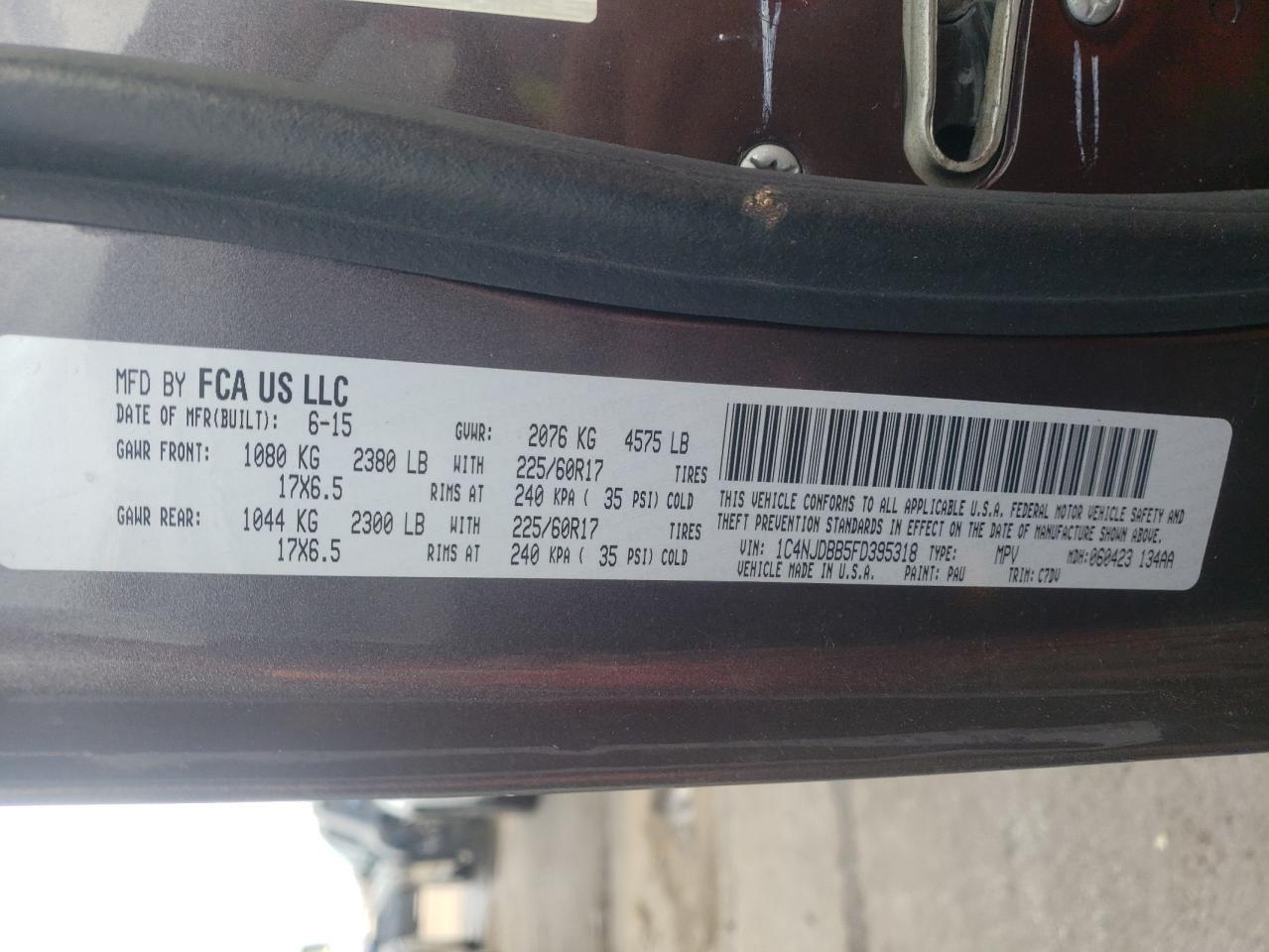 Photo 10 from auction – 2015 JEEP COMPASS SP with VIN 1C4NJDBB5FD395318