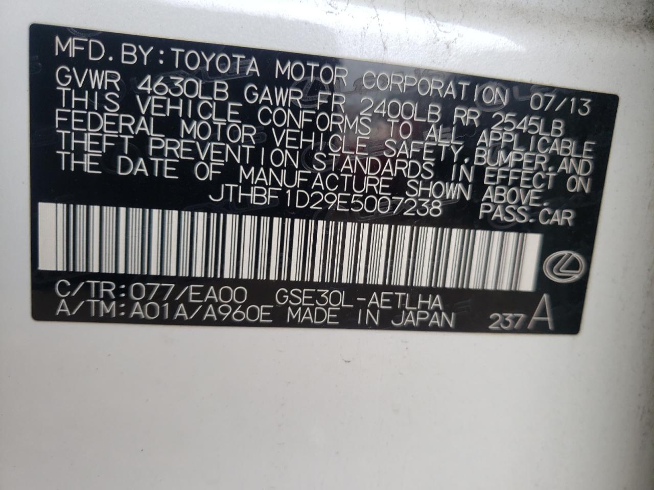 Photo 10 from auction – 2014 LEXUS IS 250 with VIN JTHBF1D29E5007238