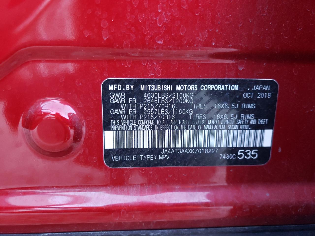 Photo 10 from auction – 2019 MITSUBISHI ECLIPSE CR with VIN JA4AT3AAXKZ018227