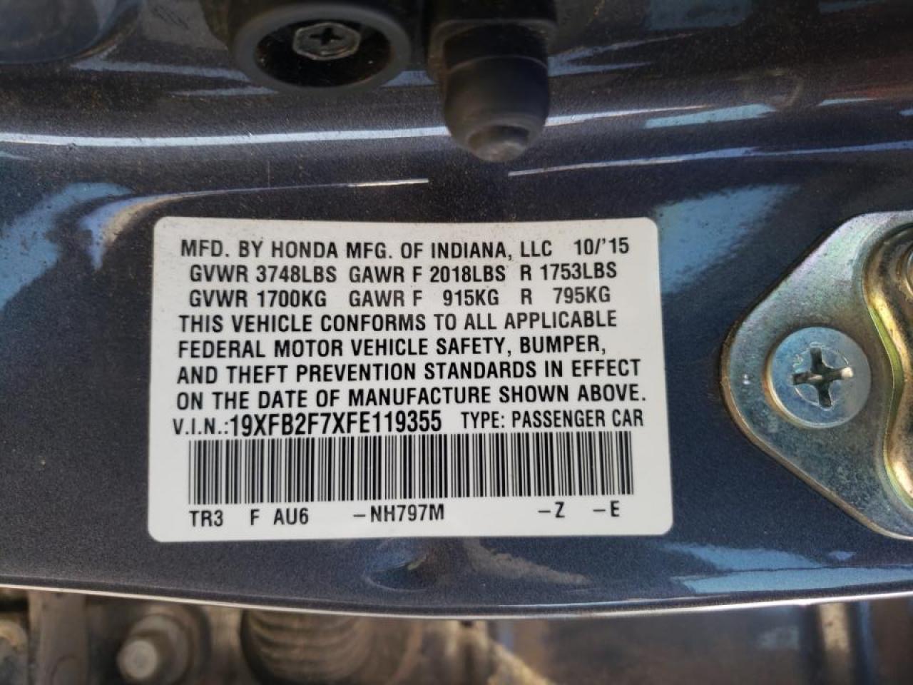 Photo 10 from auction – 2015 HONDA CIVIC SE with VIN 19XFB2F7XFE119355