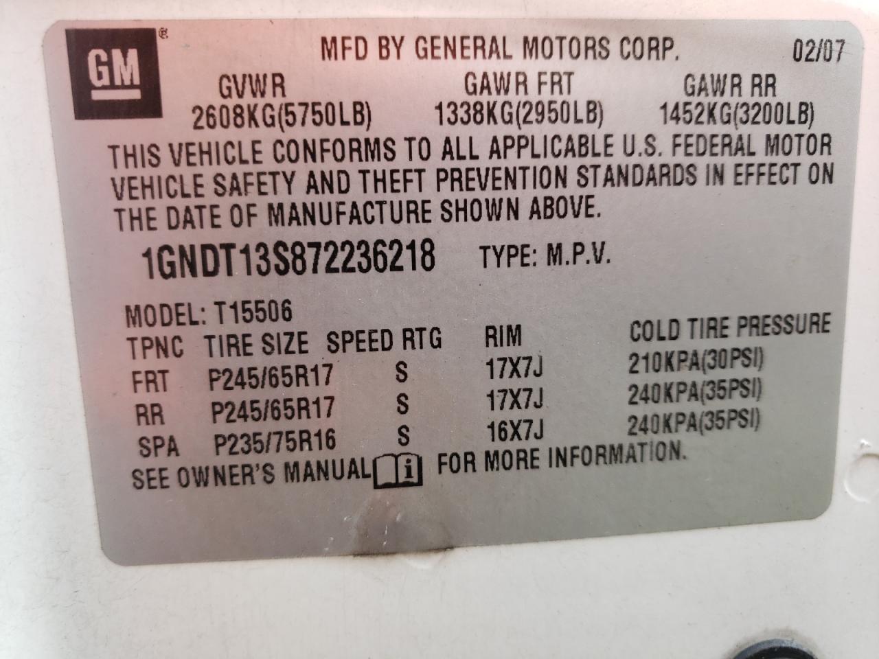 Photo 10 from auction – 2007 CHEVROLET TRAILBLAZE with VIN 1GNDT13S872236218
