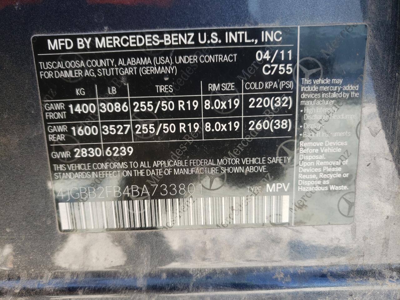 Photo 10 from auction – 2011 MERCEDES-BENZ ML 350 BLU with VIN 4JGBB2FB4BA733801