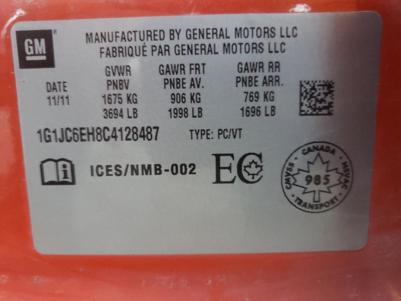 Photo 10 from auction – 2012 CHEVROLET SONIC LT with VIN 1G1JC6EH8C4128487