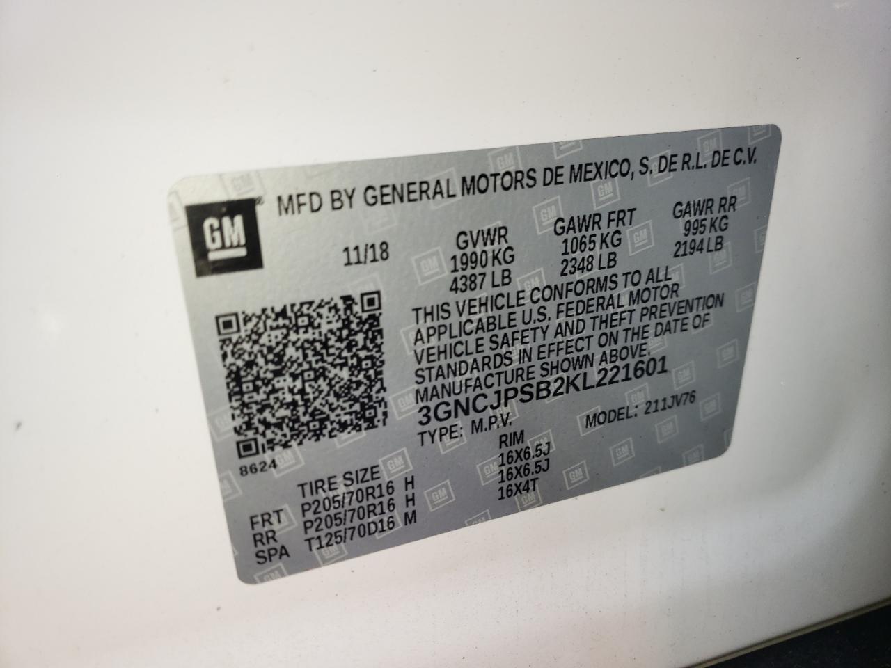 Photo 10 from auction – 2019 CHEVROLET TRAX 1LT with VIN 3GNCJPSB2KL221601