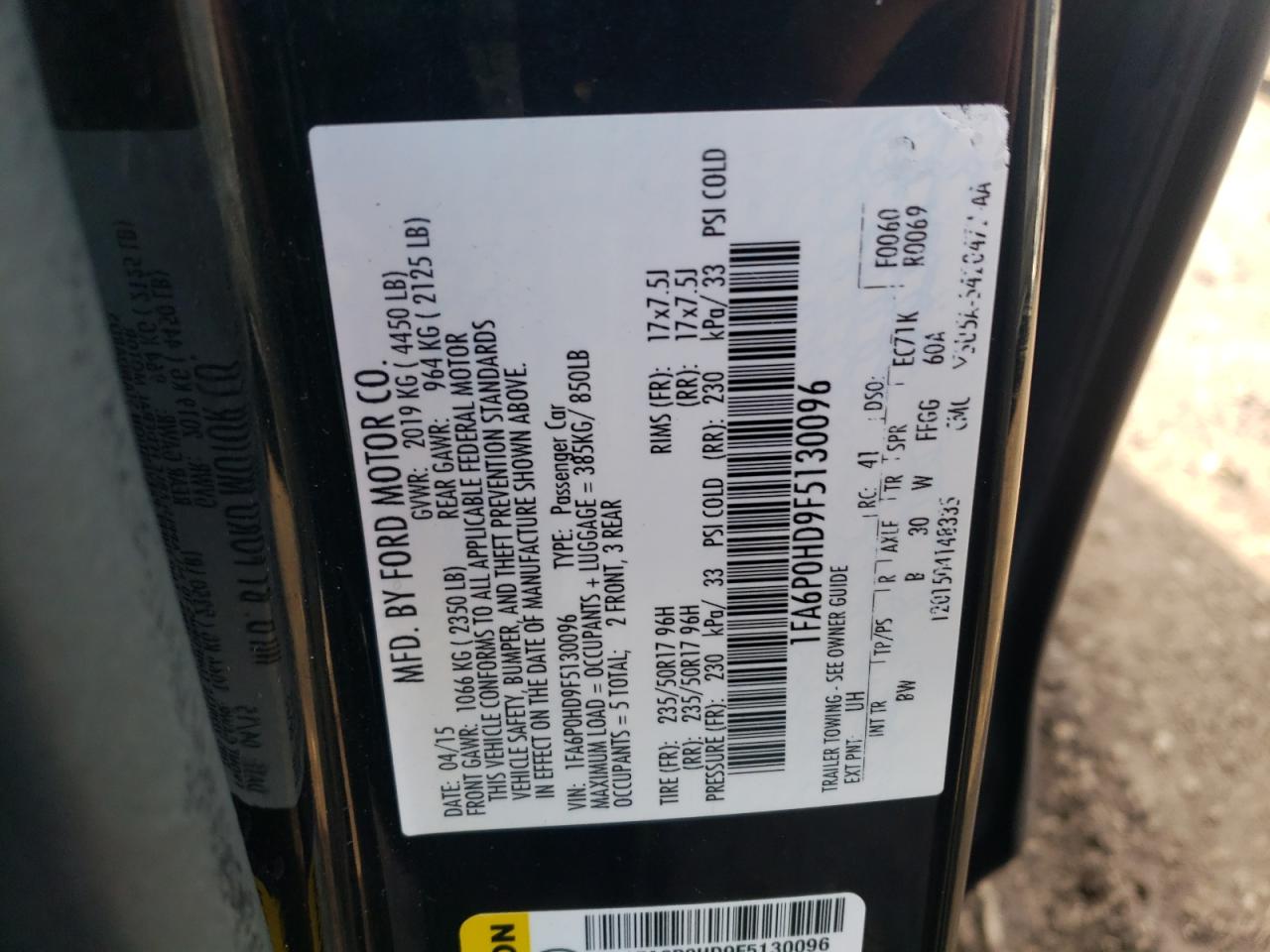 Photo 10 from auction – 2015 FORD FUSION SE with VIN 1FA6P0HD9F5130096
