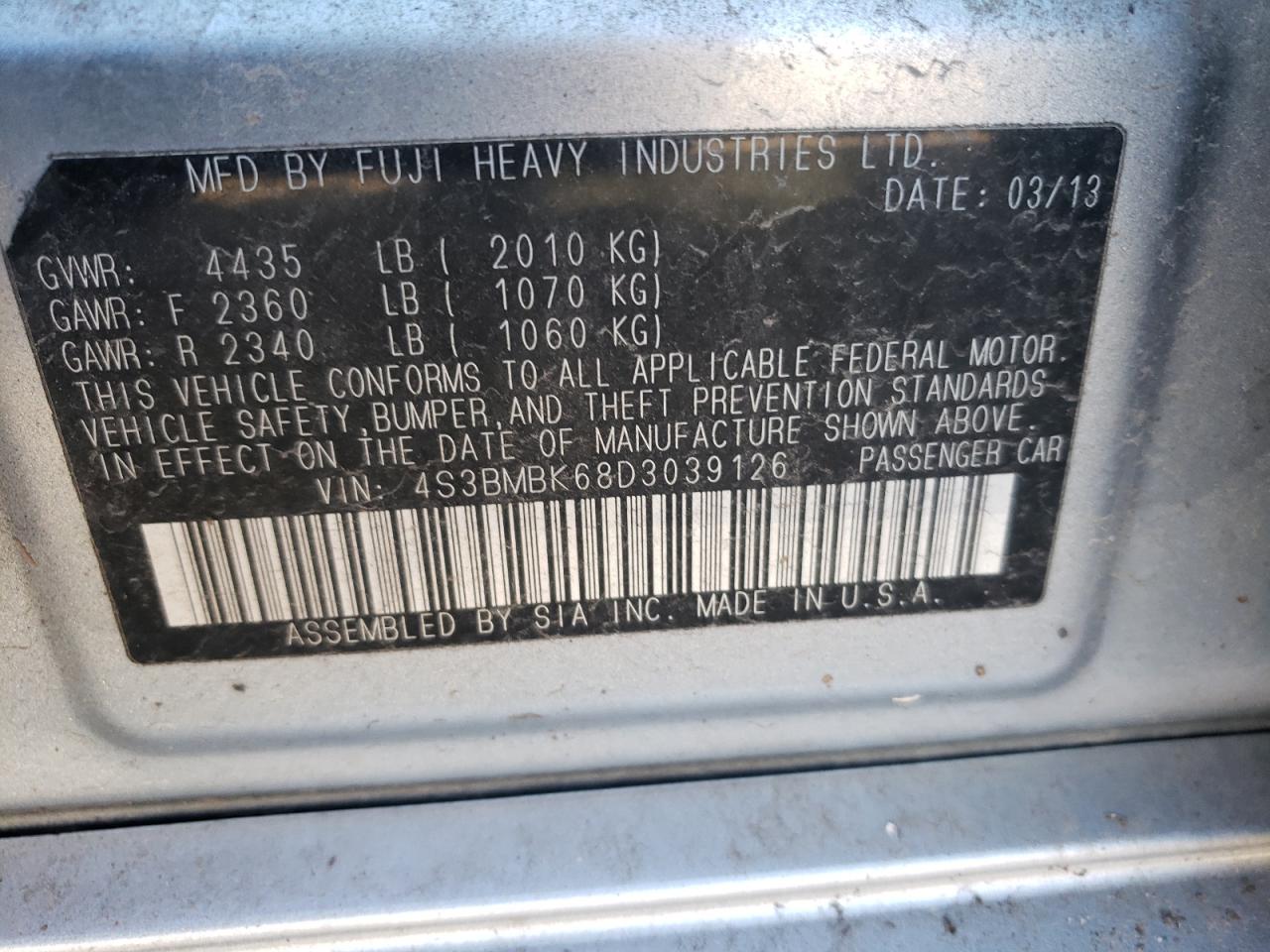 Photo 10 from auction – 2013 SUBARU LEGACY 2.5 with VIN 4S3BMBK68D3039126