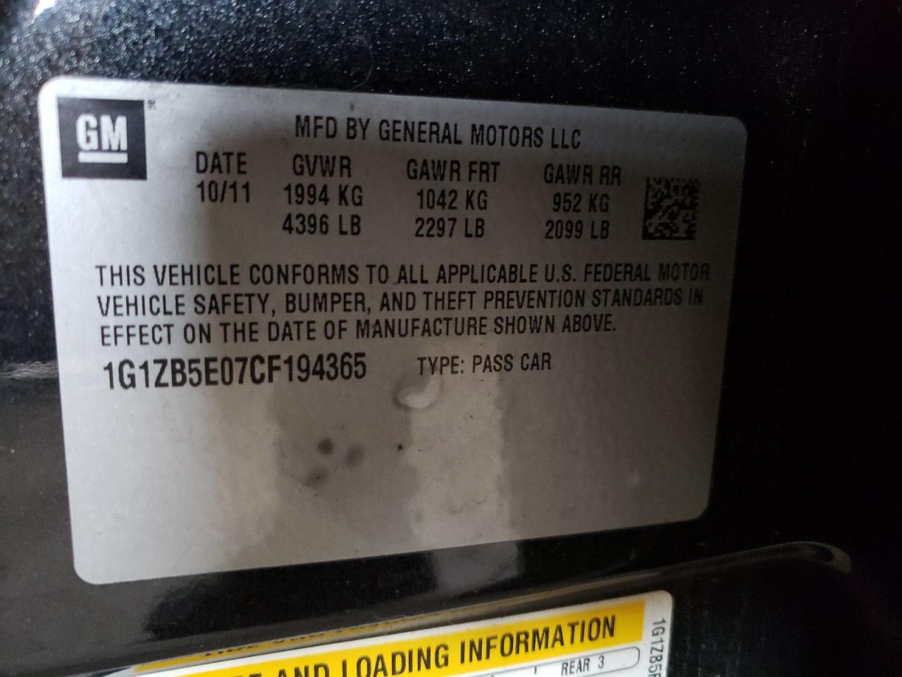 Photo 10 from auction – 2012 CHEVROLET MALIBU LS with VIN 1G1ZB5E07CF194365