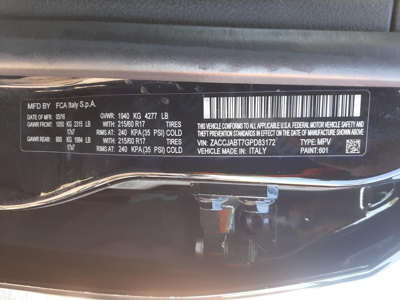 Photo 10 from auction – 2016 JEEP RENEGADE L with VIN ZACCJABT7GPD83172