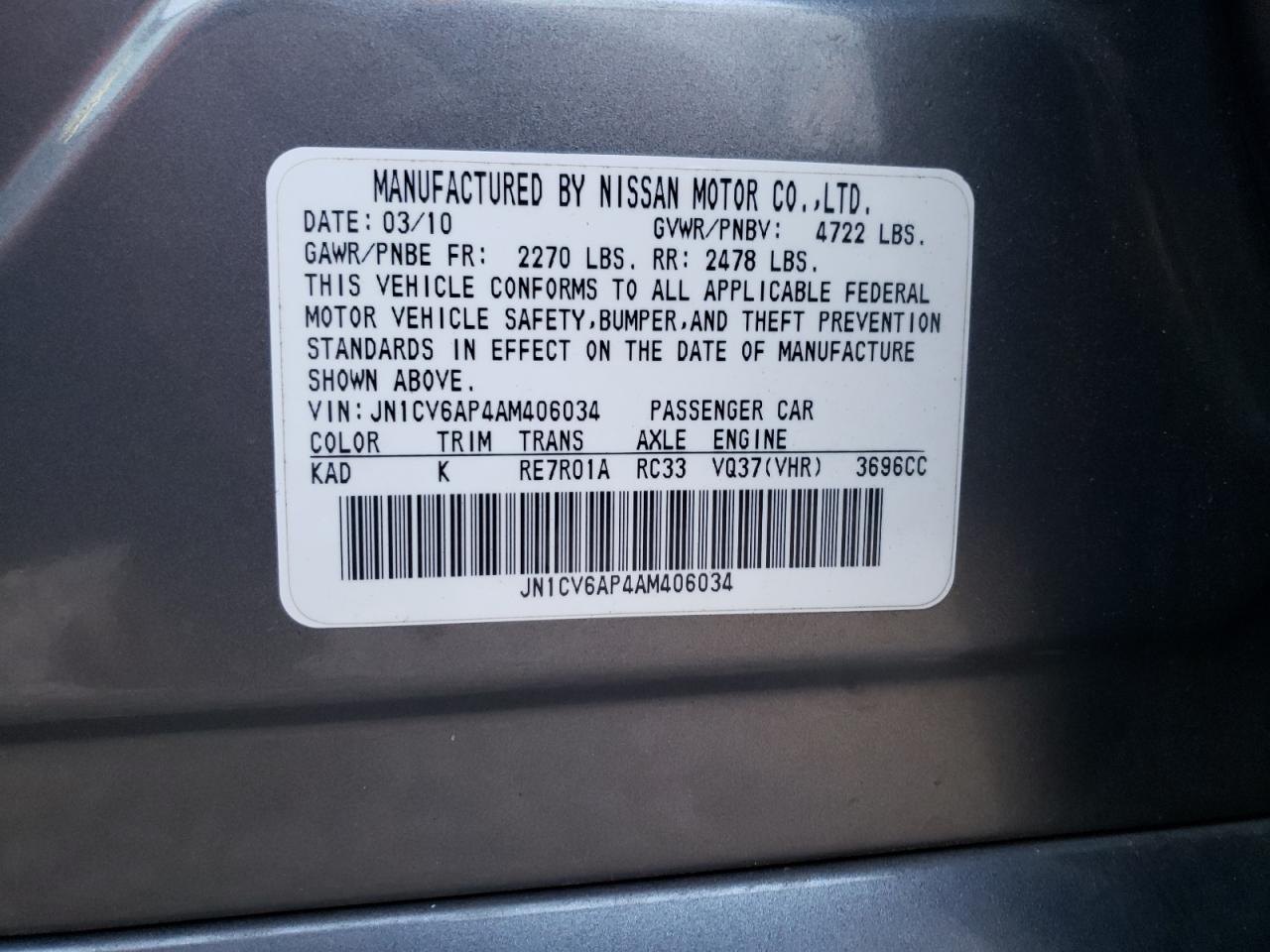 Photo 10 from auction – 2010 INFINITI G37 BASE with VIN JN1CV6AP4AM406034