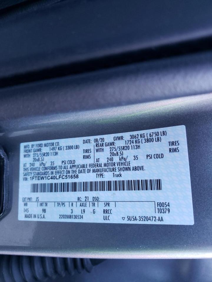 Photo 10 from auction – 2020 FORD F150 SUPER with VIN 1FTEW1C40LFC51658