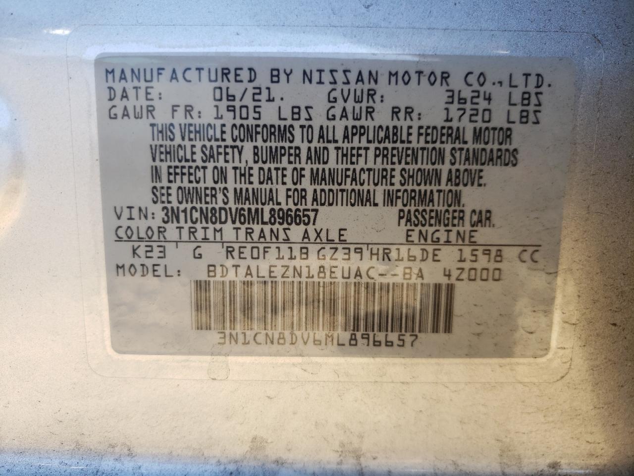 Photo 10 from auction – 2021 NISSAN VERSA S with VIN 3N1CN8DV6ML896657