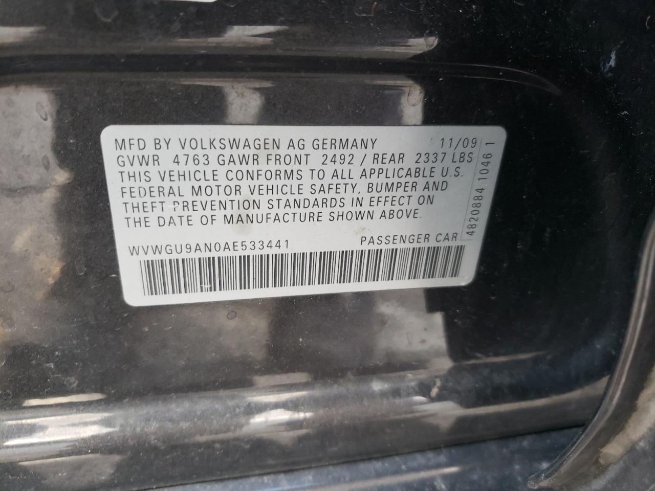 Photo 10 from auction – 2010 VOLKSWAGEN CC VR6 4MO with VIN WVWGU9AN0AE533441