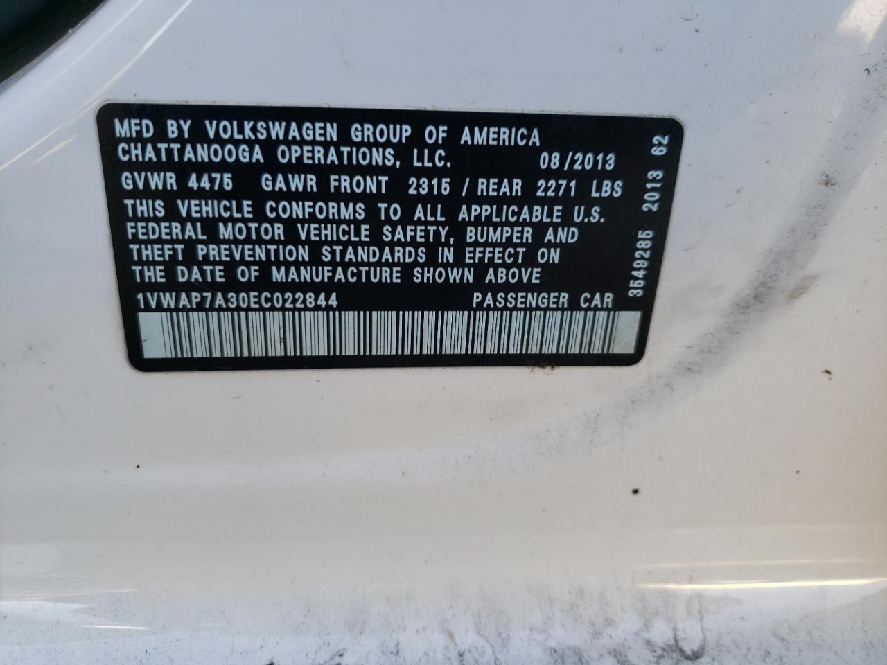 Photo 10 from auction – 2014 VOLKSWAGEN PASSAT with VIN 1VWAP7A30EC022844