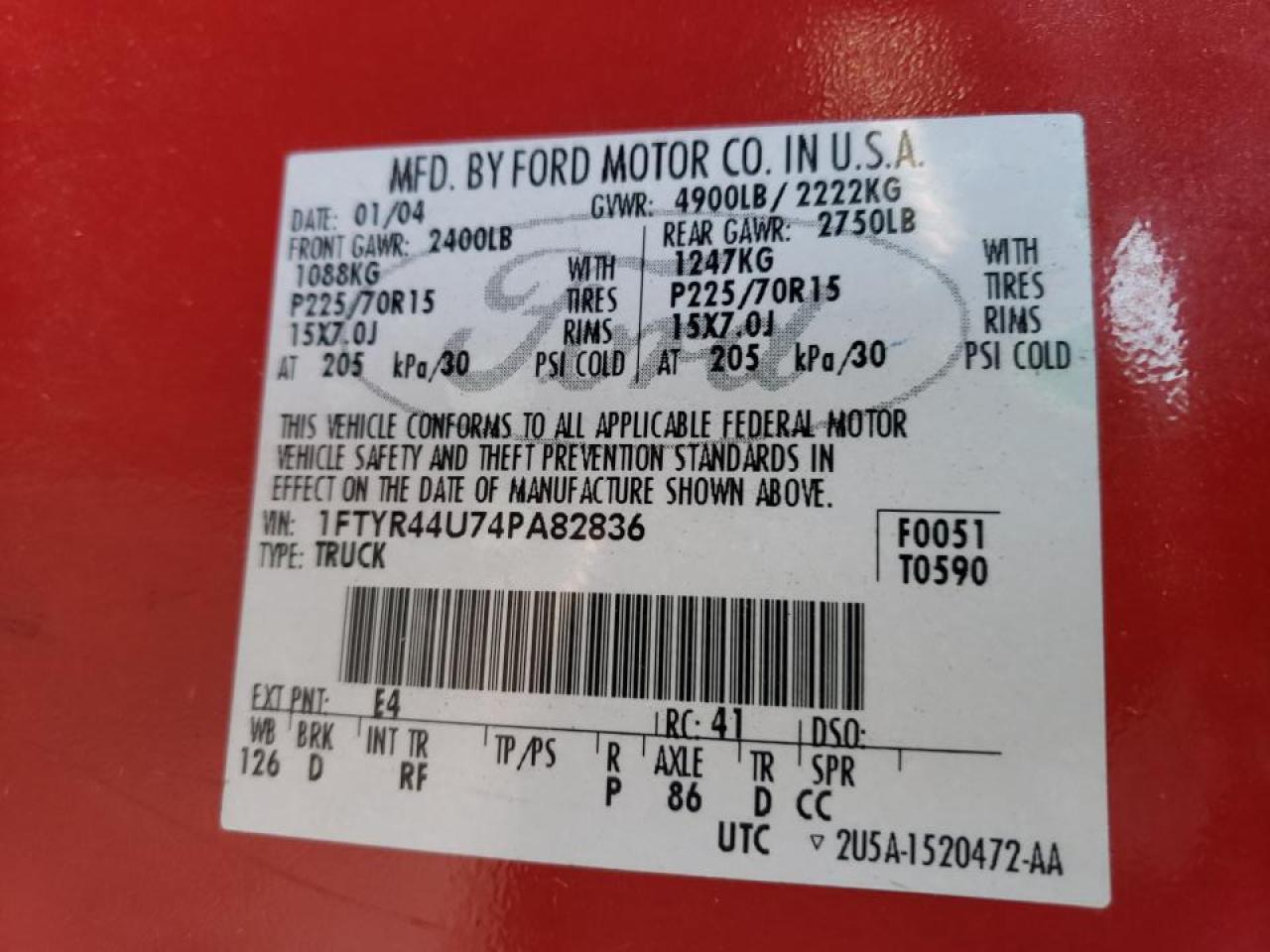 Photo 10 from auction – 2006 FORD RANGER with VIN 1FTYR44U74PA82836