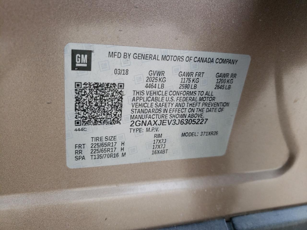 Photo 10 from auction – 2018 CHEVROLET EQUINOX LT with VIN 2GNAXJEV3J6305227