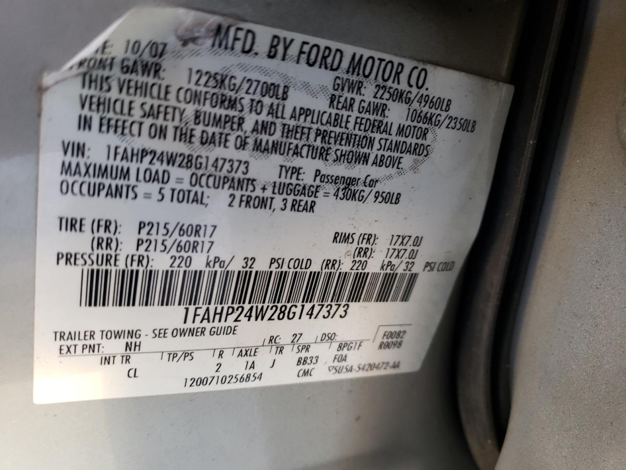 Photo 10 from auction – 2008 FORD TAURUS SEL with VIN 1FAHP24W28G147373