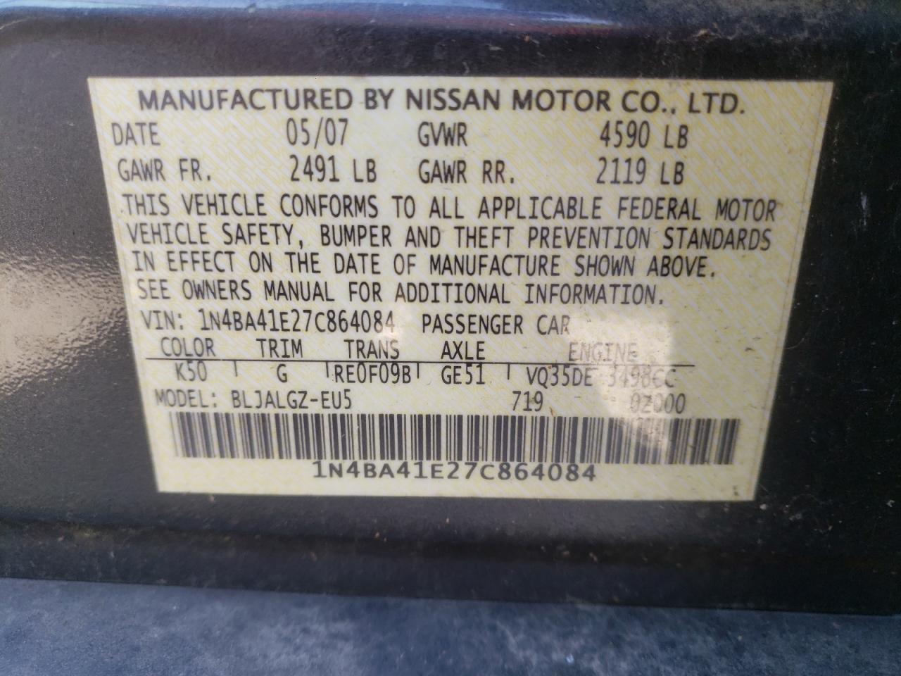 Foto 10 de la subasta – 2007 NISSAN MAXIMA SE con VIN 1N4BA41E27C864084