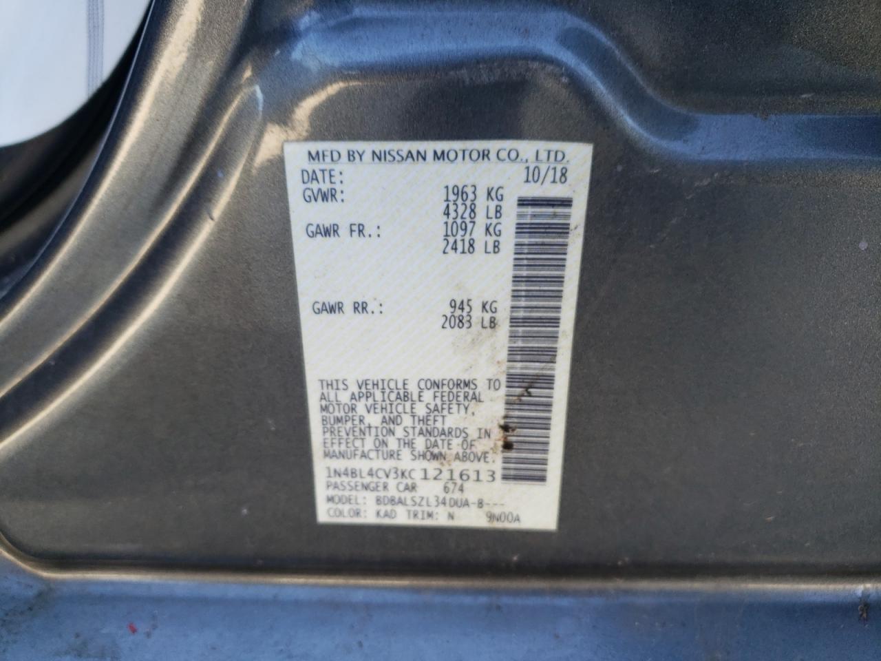Photo 10 from auction – 2019 NISSAN ALTIMA EDI with VIN 1N4BL4CV3KC121613