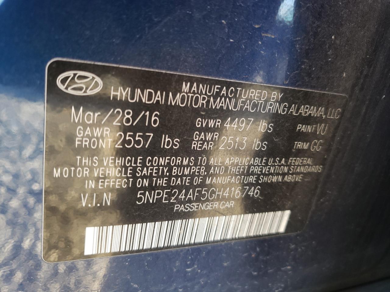 Photo 10 from auction – 2016 HYUNDAI SONATA SE with VIN 5NPE24AF5GH416746