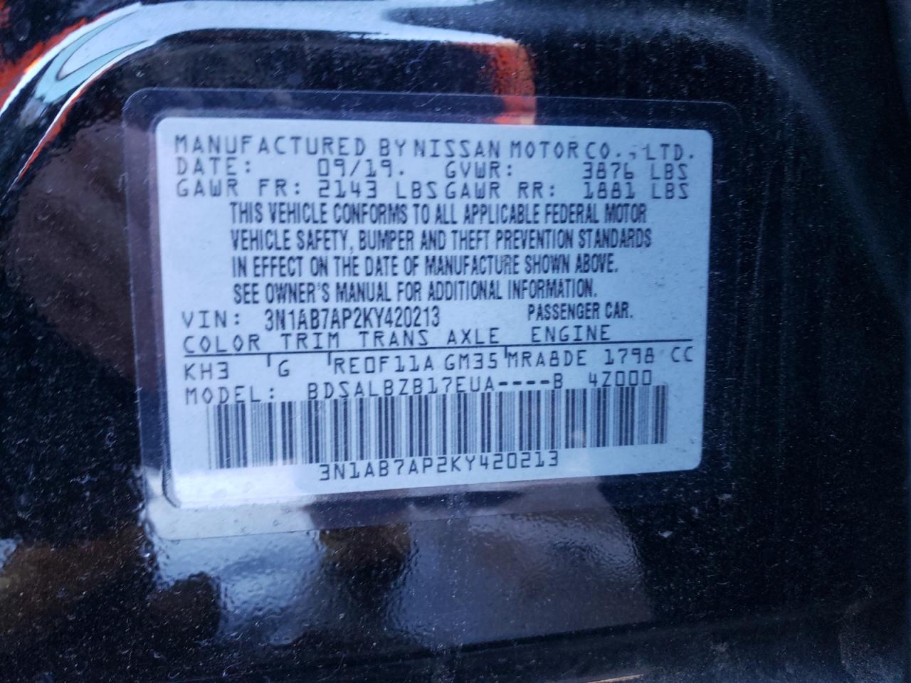 Photo 10 from auction – 2019 NISSAN SENTRA S with VIN 3N1AB7AP2KY420213