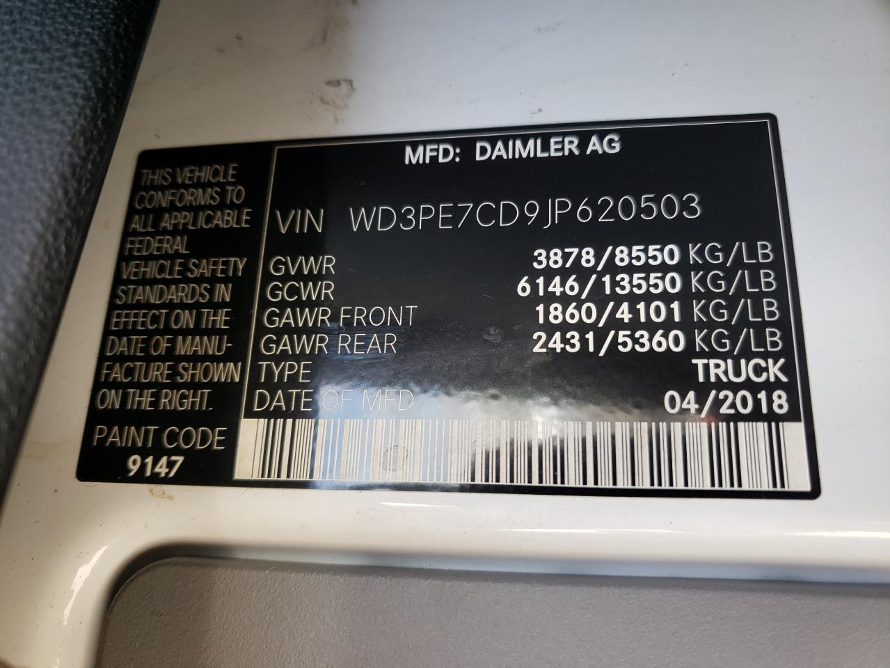 Photo 10 from auction – 2018 FREIGHTLINER SPRINTER 2 with VIN WD3PE7CD9JP620503