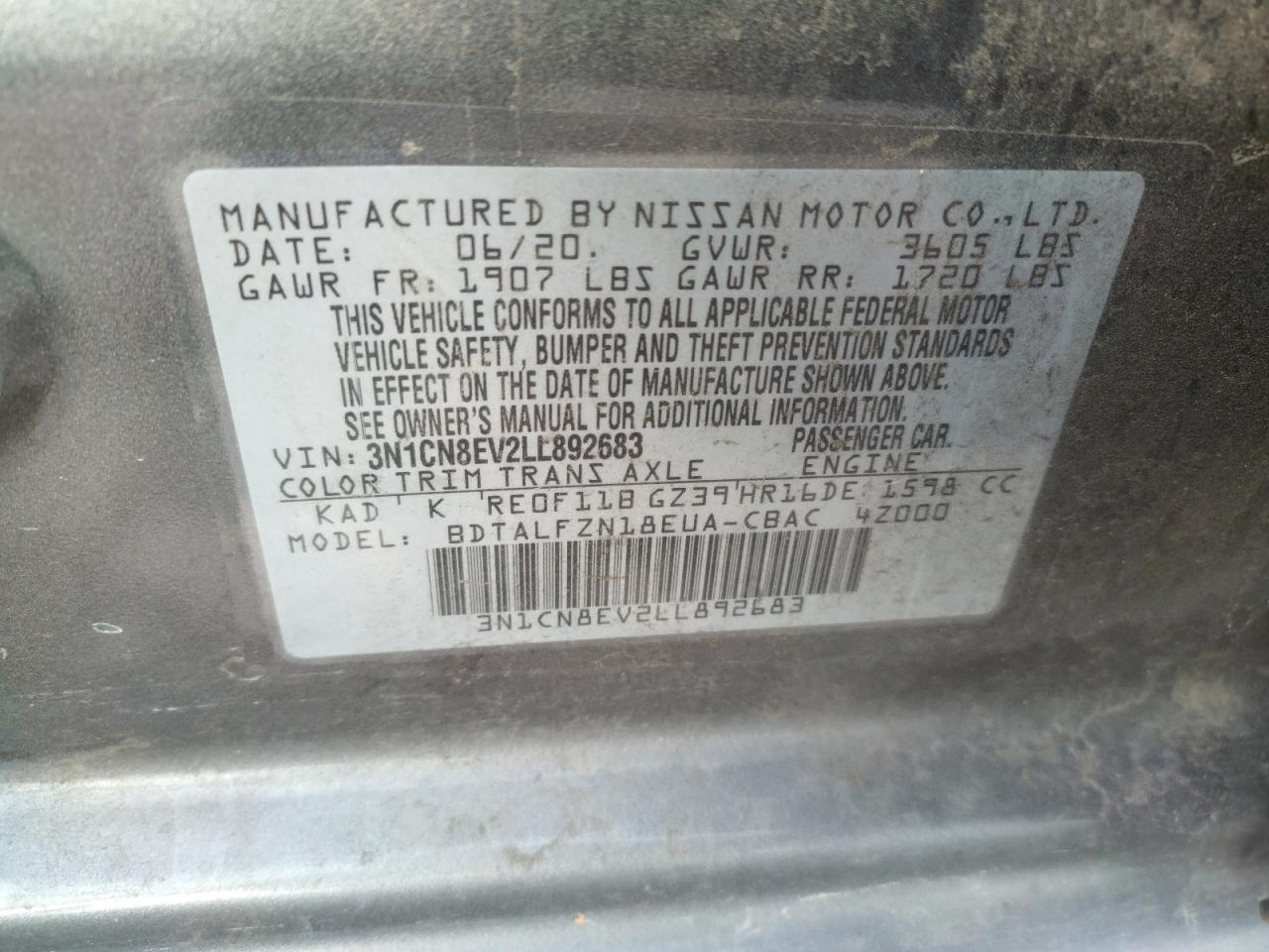 Photo 10 from auction – 2020 NISSAN VERSA SV with VIN 3N1CN8EV2LL892683