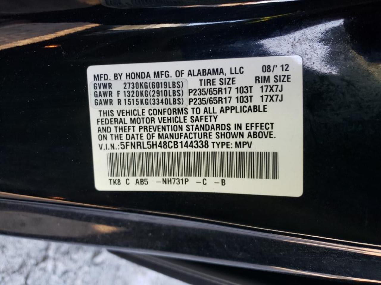 Photo 10 from auction – 2012 HONDA ODYSSEY EX with VIN 5FNRL5H48CB144338