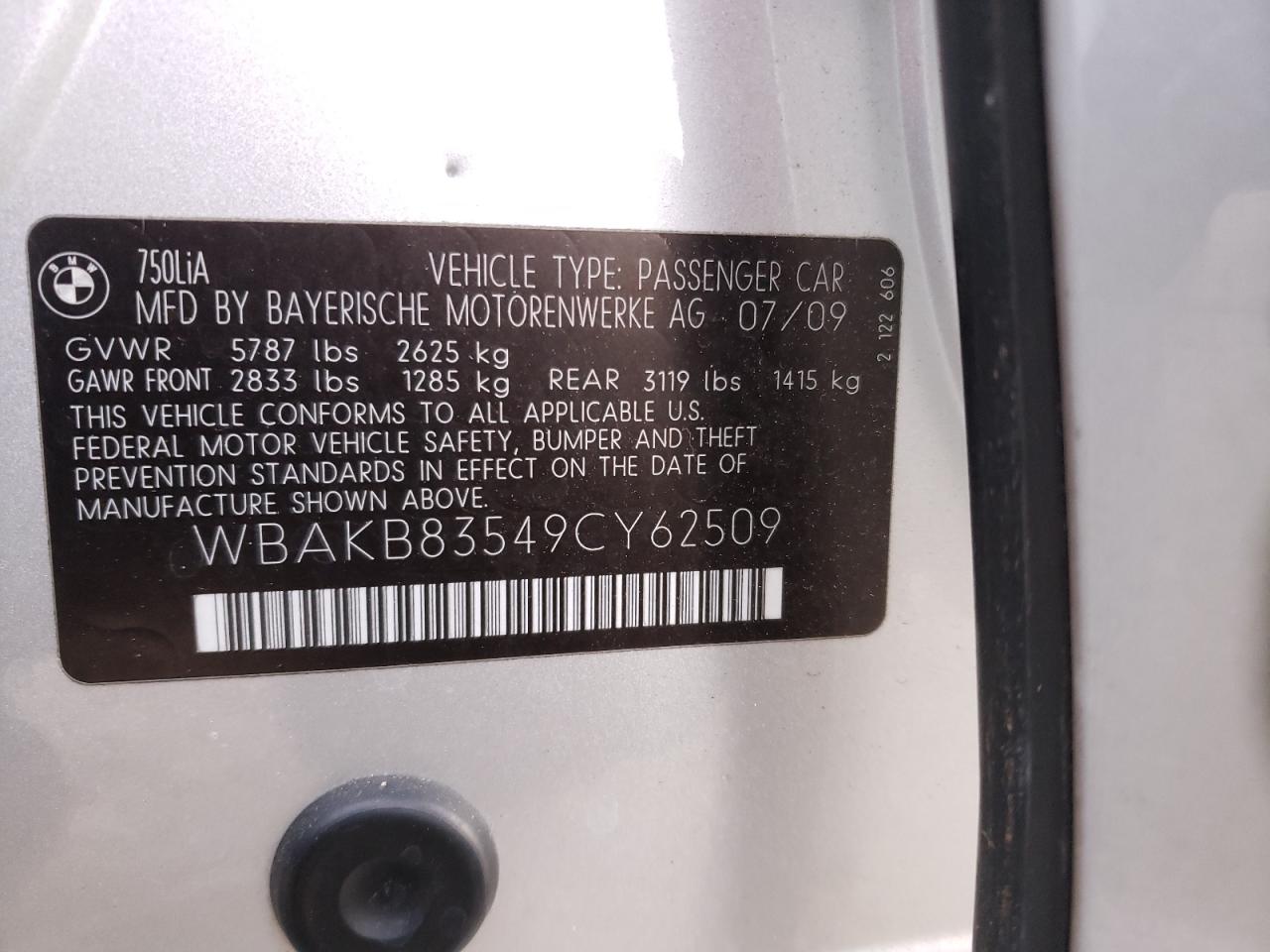 Photo 10 from auction – 2009 BMW 750 LI with VIN WBAKB83549CY62509