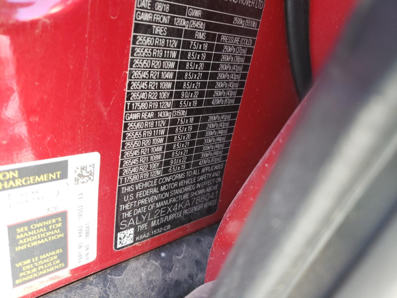 Photo 10 from auction – 2019 LAND ROVER RANGE ROVE with VIN SALYL2EX4KA788041