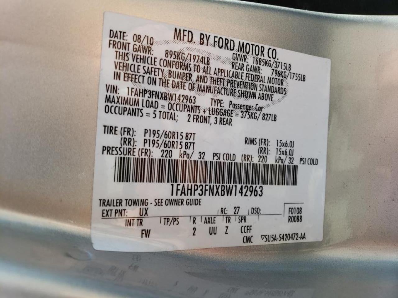 Photo 10 from auction – 2011 FORD FOCUS SE with VIN 1FAHP3FNXBW142963