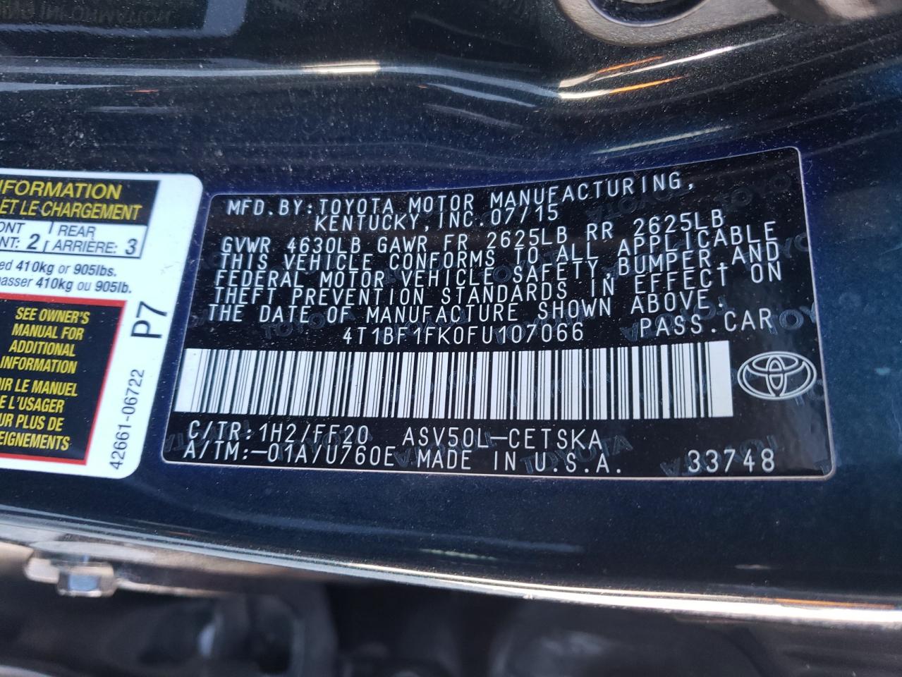 Photo 20 from auction – 2015 TOYOTA CAMRY LE with VIN 4T1BF1FK0FU107066