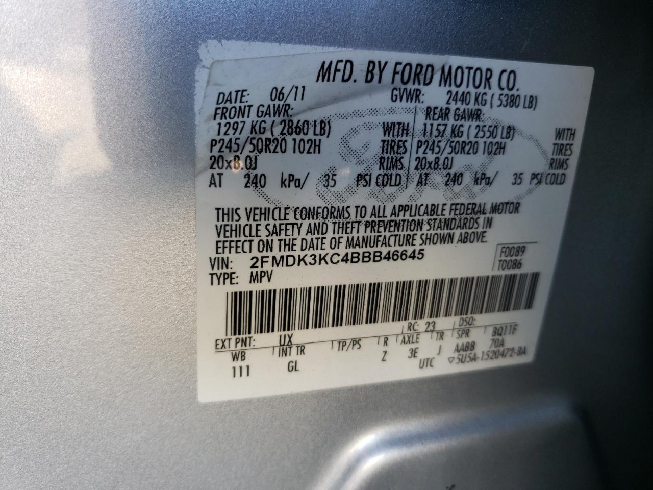 Photo 10 from auction – 2011 FORD EDGE LIMIT with VIN 2FMDK3KC4BBB46645