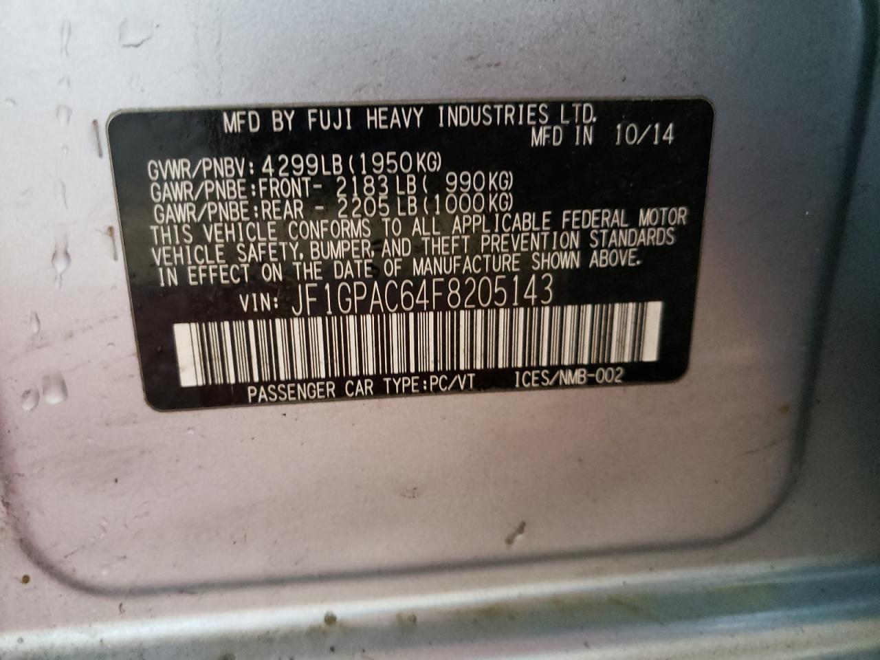 Photo 10 from auction – 2015 SUBARU IMPREZA PR with VIN JF1GPAC64F8205143