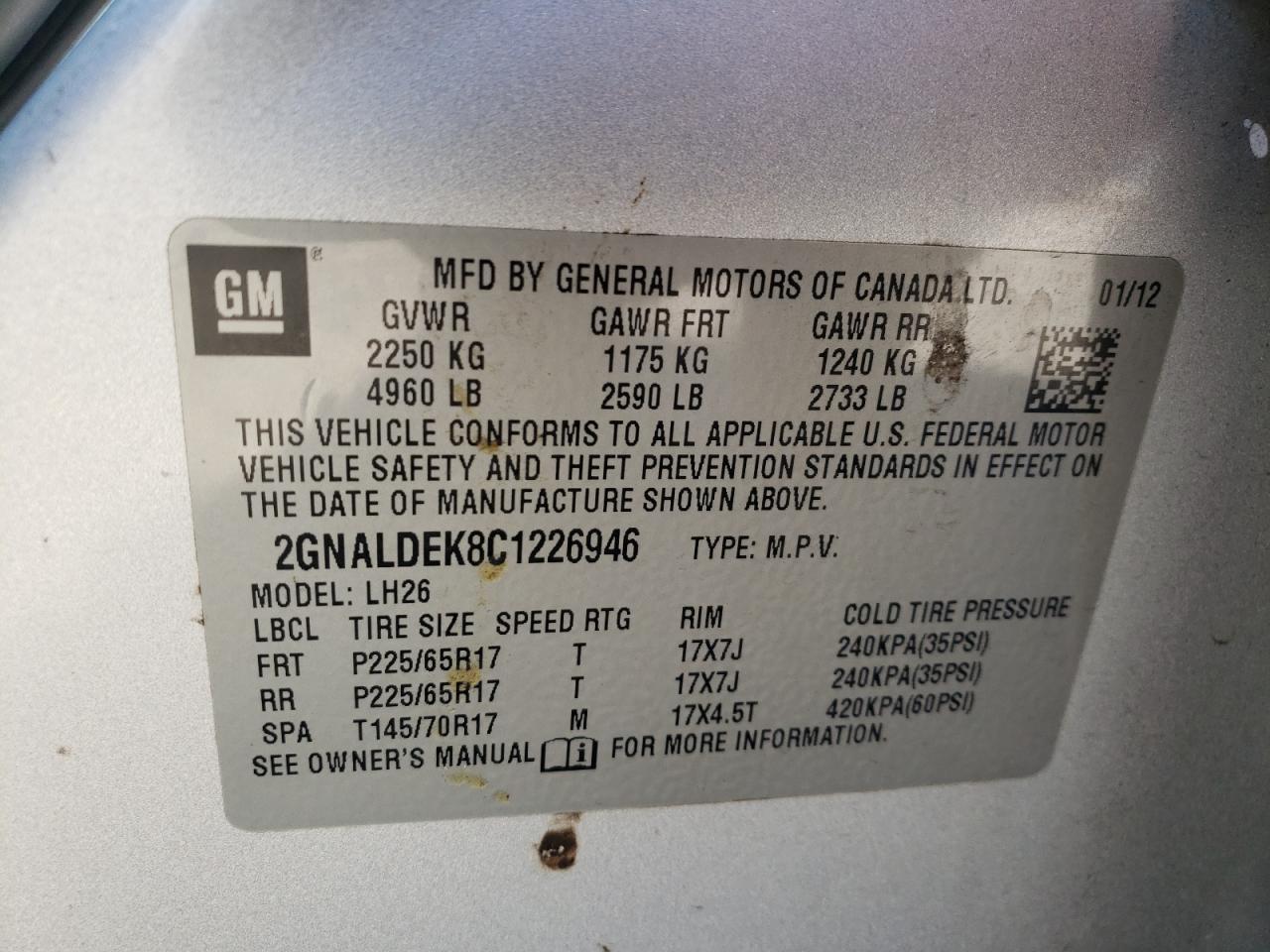 Photo 10 from auction – 2012 CHEVROLET EQUINOX LT with VIN 2GNALDEK8C1226946