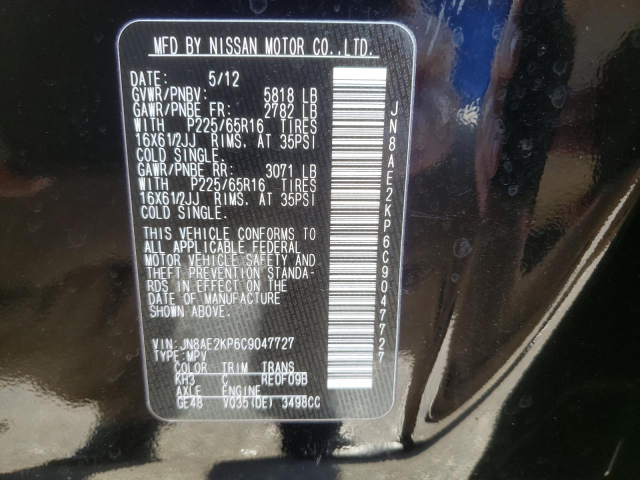 Photo 10 from auction – 2012 NISSAN QUEST S with VIN JN8AE2KP6C9047727