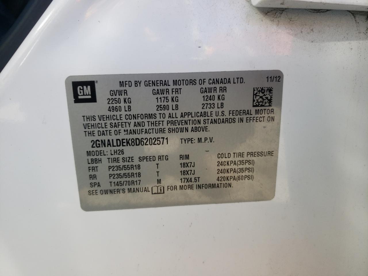 Photo 10 from auction – 2013 CHEVROLET EQUINOX LT with VIN 2GNALDEK8D6202571