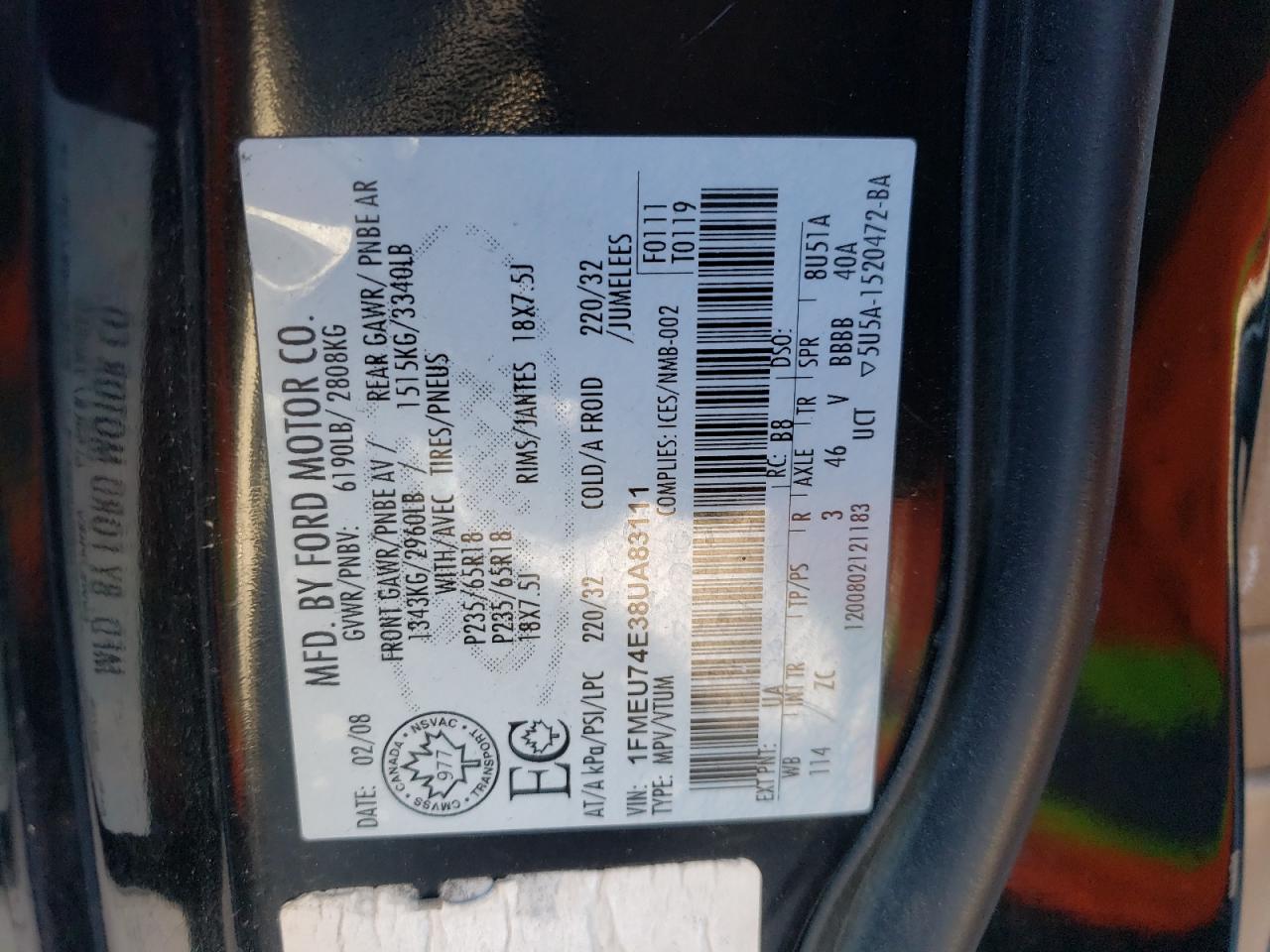 Photo 10 from auction – 2008 FORD EXPLORER with VIN 1FMEU74E38UA83111