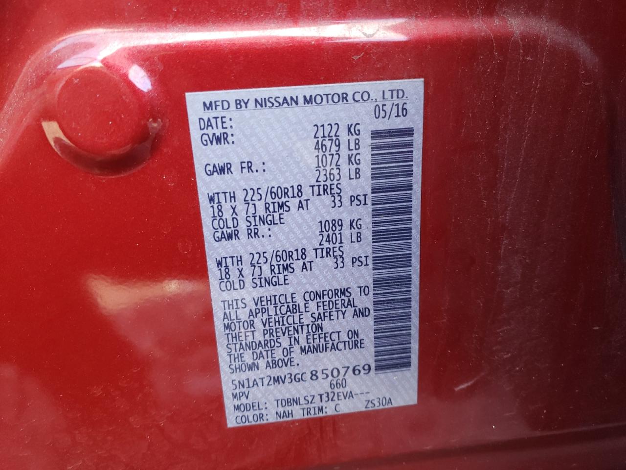 Photo 10 from auction – 2016 NISSAN ROGUE S with VIN 5N1AT2MV3GC850769