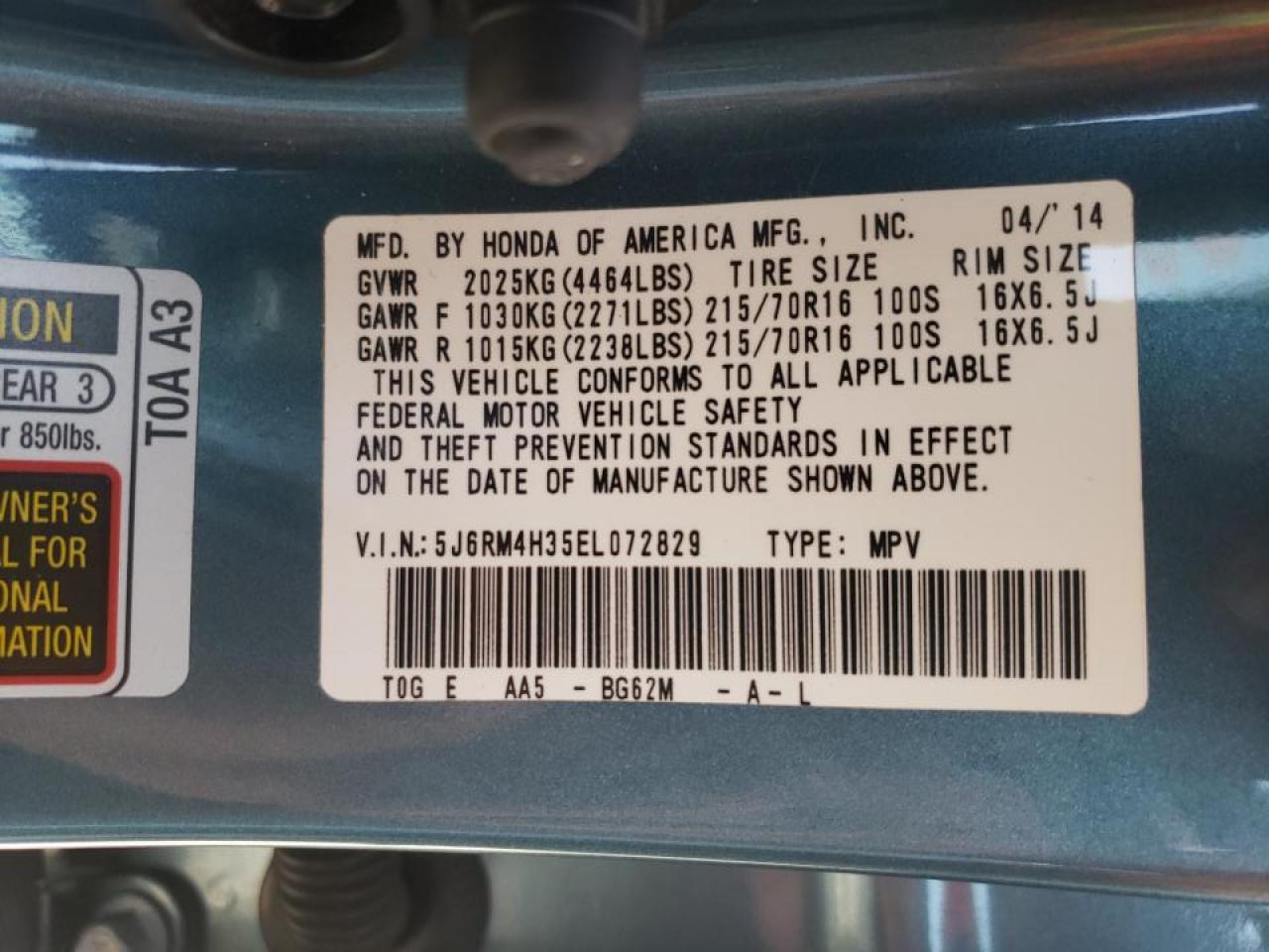 Photo 10 from auction – 2014 HONDA CR-V LX with VIN 5J6RM4H35EL072829